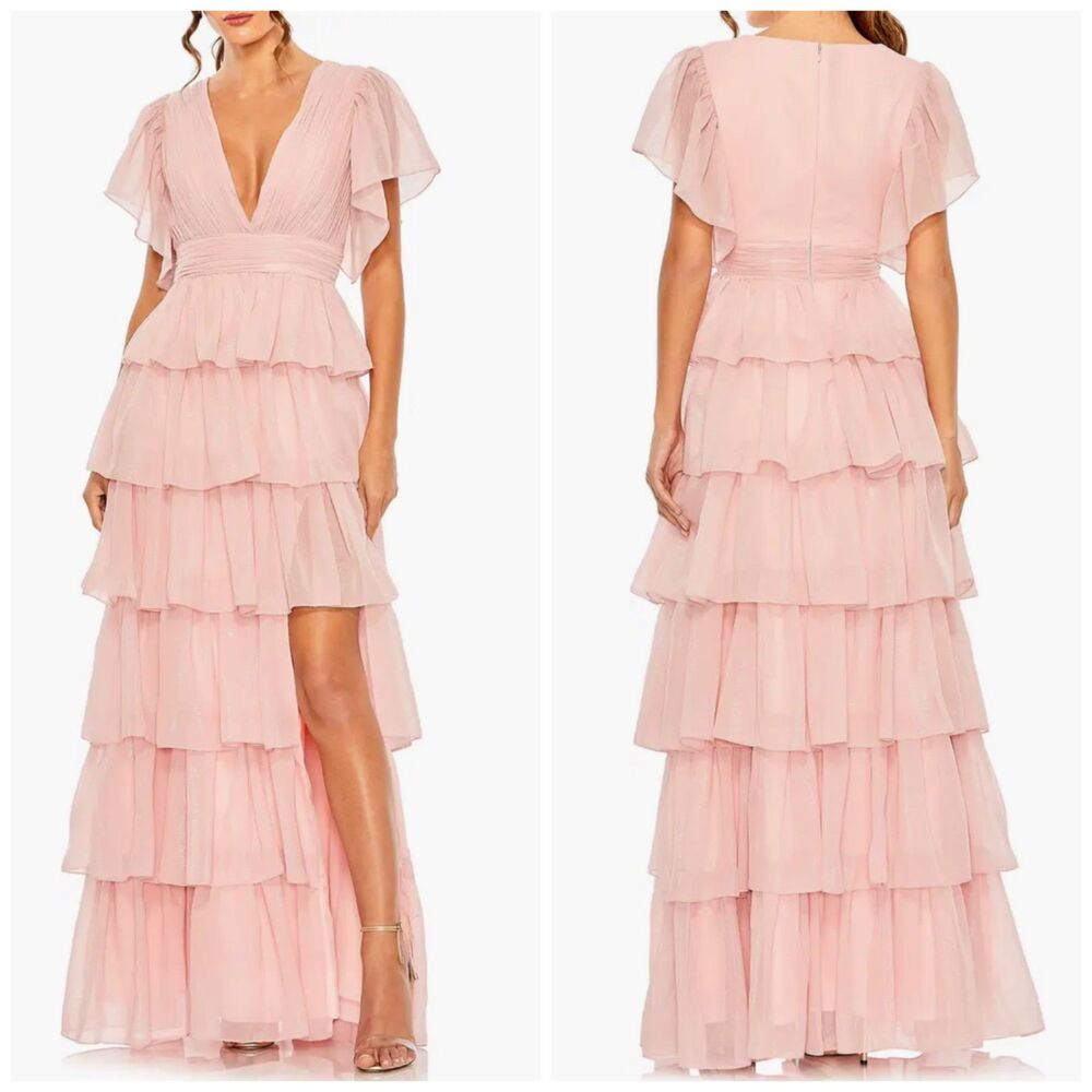 Mac Duggal Metallic Flutter Sleeve Ruffle Tiered Gown in Petal Pink